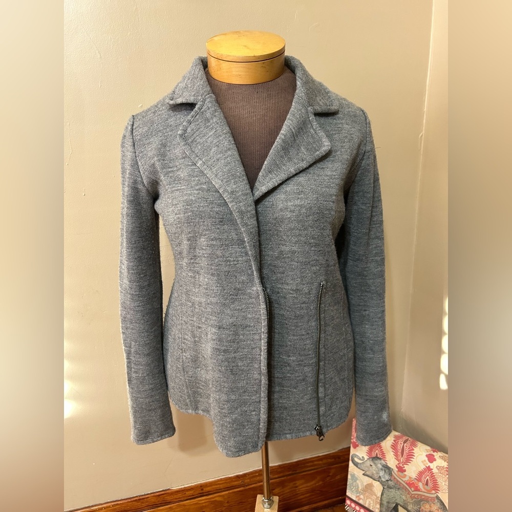 Tahari Womens Moto Jacket Collared Grey  Wool Blend Zip Front Pockets SZ M